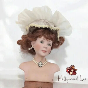 Victorian Porcelain Doll Head Redhead Ruffled Feathered hat Cameo and Earrings